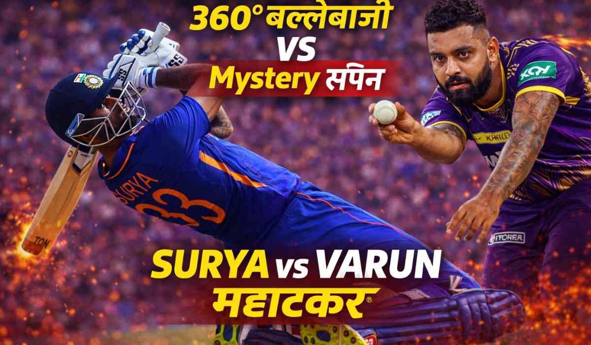 Surya vs Varun Clash में Suryakumar Yadav 360° बल्लेबाज़ी करते हुए और Varun Chakravarthy mystery spin गेंदबाज़ी करते हुए