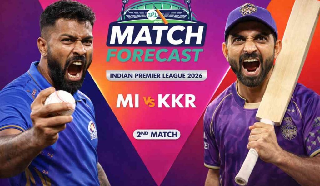 MI vs KKR Match Preview image showing aggressive players with bat and ball in IPL 2026 match forecast