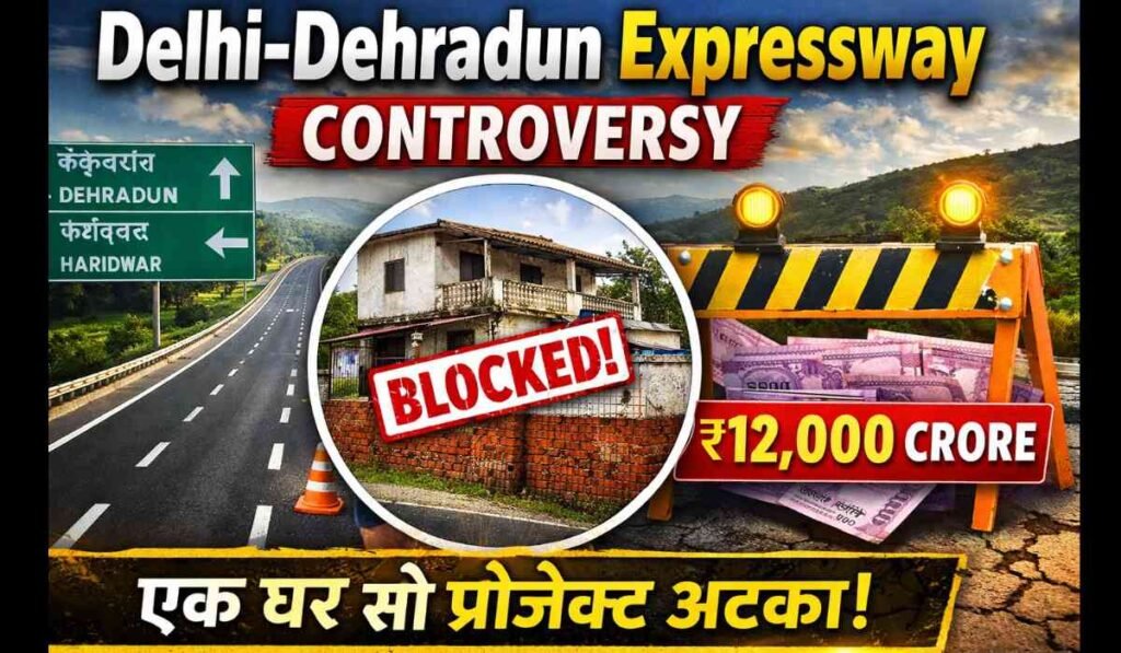 Delhi Dehradun Expressway controversy को दिखाता हुआ थंबनेल, जिसमें एक घर की वजह से रुका हुआ एक्सप्रेसवे और ₹12,000 करोड़ प्रोजेक्ट हाइलाइट किया गया है।