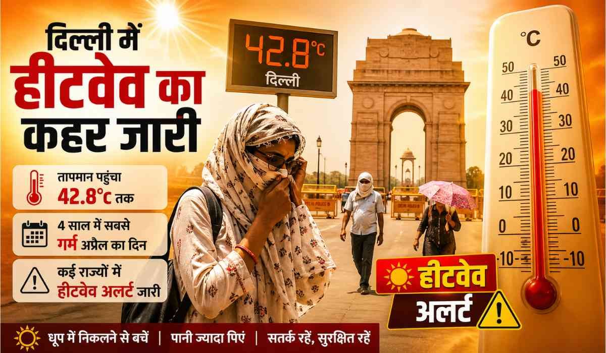 Delhi Heatwave 2026: दिल्ली में हीटवेव का कहर, इंडिया गेट के पास तेज धूप में चलती महिला और 42.8°C तापमान दिखाता थर्मामीटर