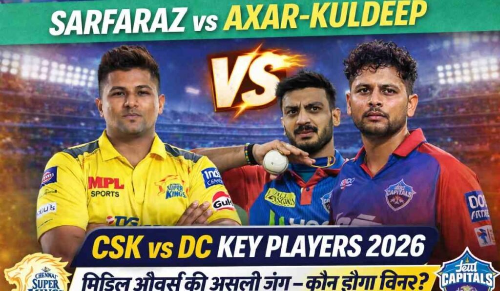 CSK vs DC Key Players 2026 में Sarfaraz Khan, Axar Patel और Kuldeep Yadav के बीच मिडिल ओवर्स की अहम टक्कर