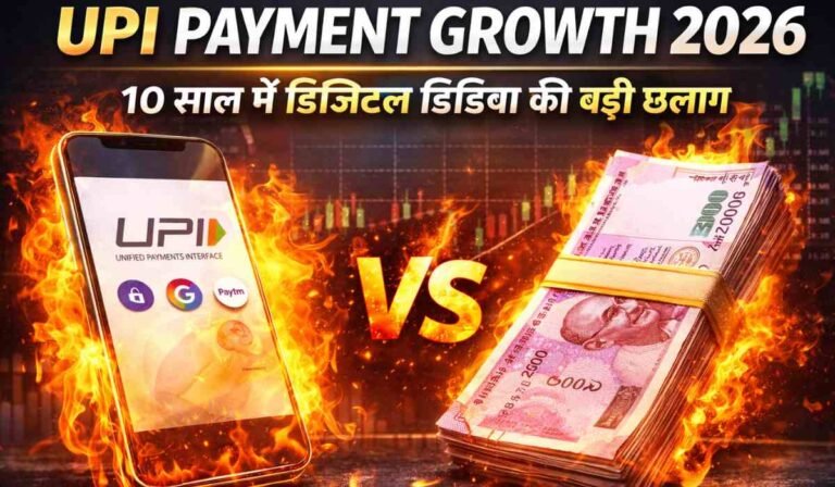 UPI Payment Growth 2026: 10 साल में बना भारत का सबसे बड़ा डिजिटल पेमेंट सिस्टम 9 UPI Payment Growth 2026 में डिजिटल पेमेंट और कैश के बीच मुकाबले को दर्शाता थंबनेल इमेज