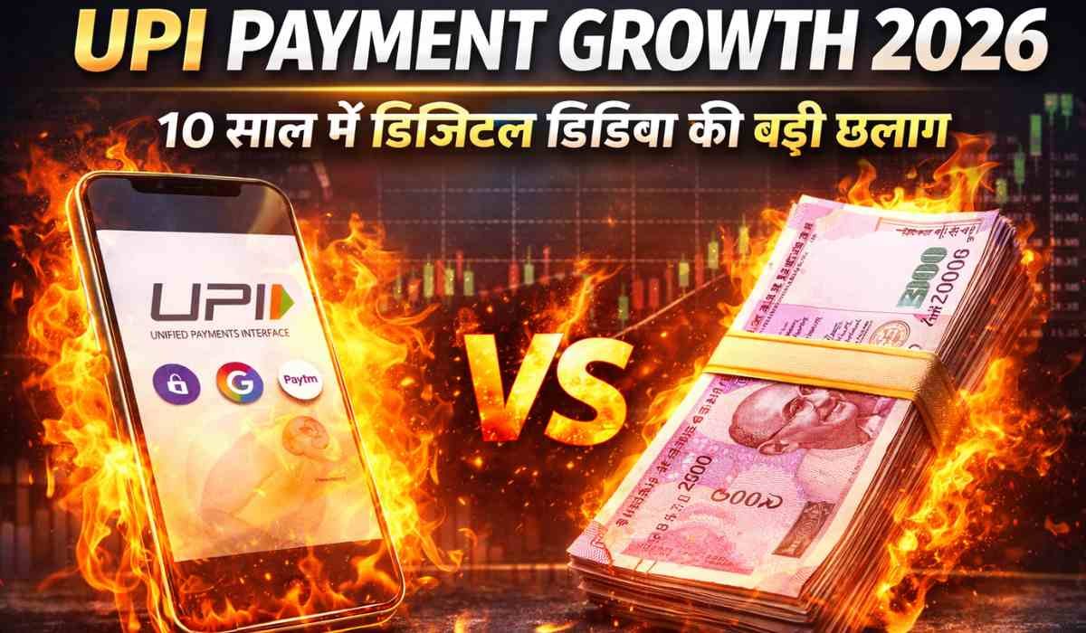 UPI Payment Growth 2026: 10 साल में बना भारत का सबसे बड़ा डिजिटल पेमेंट सिस्टम 1 UPI Payment Growth 2026 में डिजिटल पेमेंट और कैश के बीच मुकाबले को दर्शाता थंबनेल इमेज