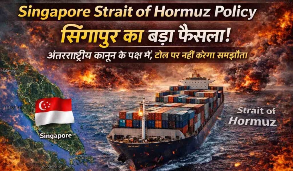 Singapore Strait of Hormuz Policy में सिंगापुर के अंतरराष्ट्रीय कानून के समर्थन और टोल पर सख्त रुख को दिखाता थंबनेल