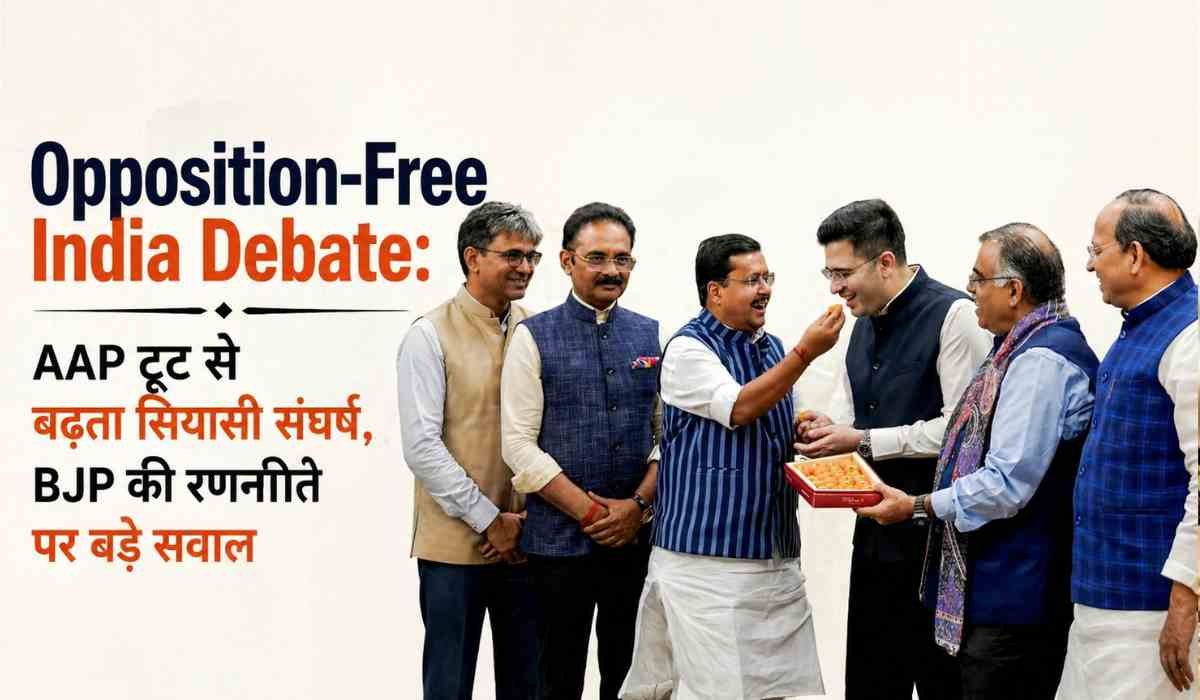 AAP नेताओं के साथ मिठाई खिलाते हुए नेताओं की तस्वीर, Opposition-Free India Debate से जुड़ा सियासी घटनाक्रम
