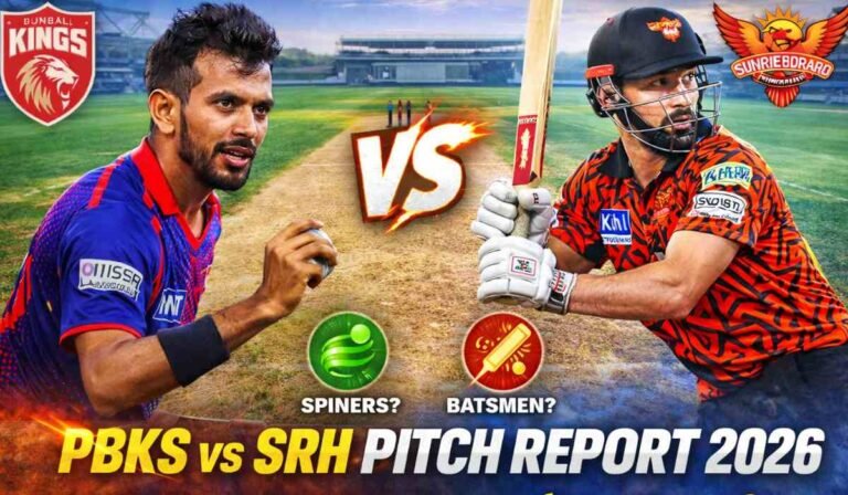 PBKS vs SRH Pitch Report 2026 में New Chandigarh की पिच पर बल्लेबाज और स्पिन गेंदबाज के बीच मुकाबले का दृश्य