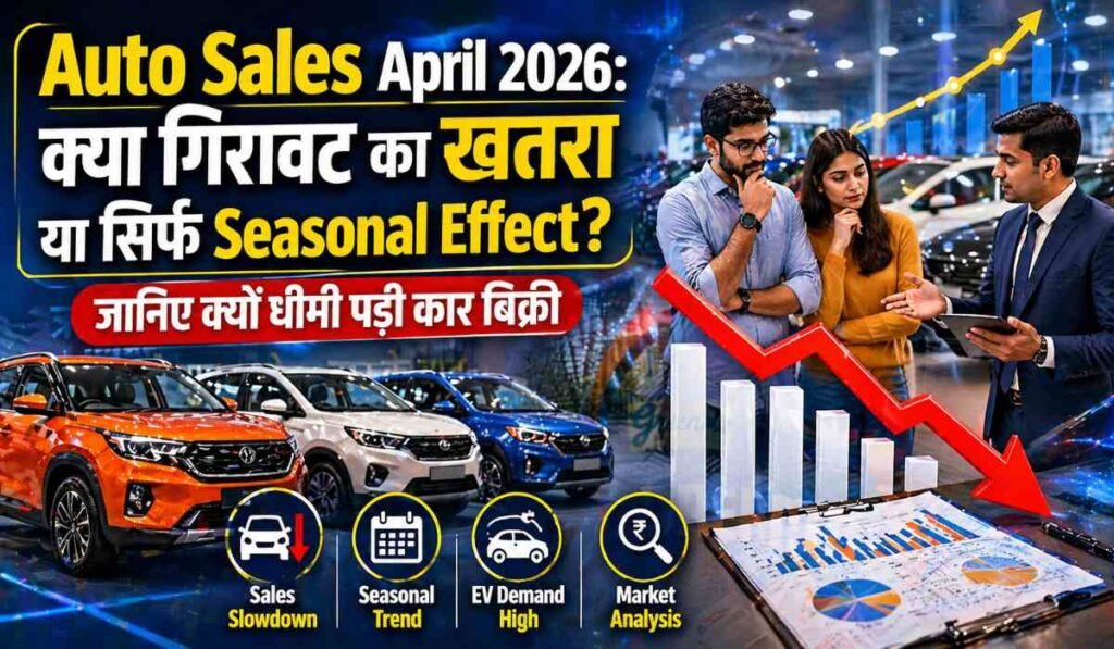 अप्रैल 2026 में भारत में ऑटो सेल्स में गिरावट दिखाता ग्राफ और कार शोरूम, बिक्री में कमी या सीजनल असर को दर्शाता दृश्य