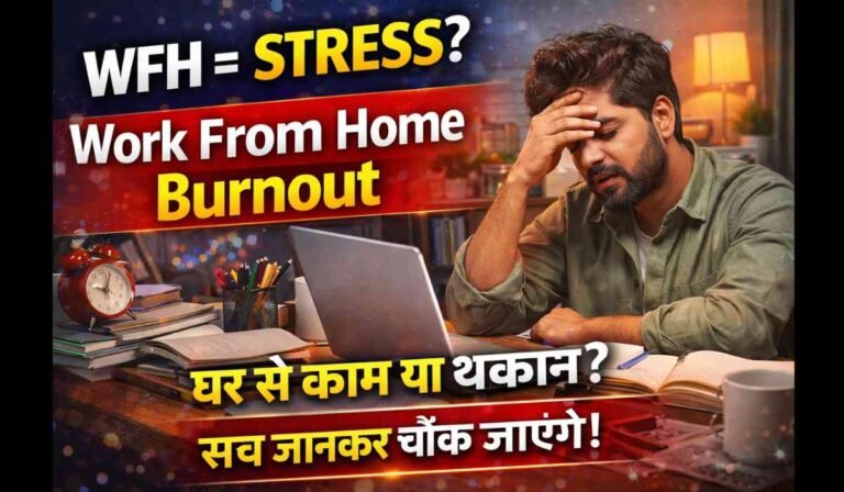 Work From Home Burnout को दिखाता हुआ थंबनेल, जिसमें एक व्यक्ति लैपटॉप के सामने तनाव में काम करता नजर आ रहा है और WFH से जुड़ी थकान को दर्शाया गया है।