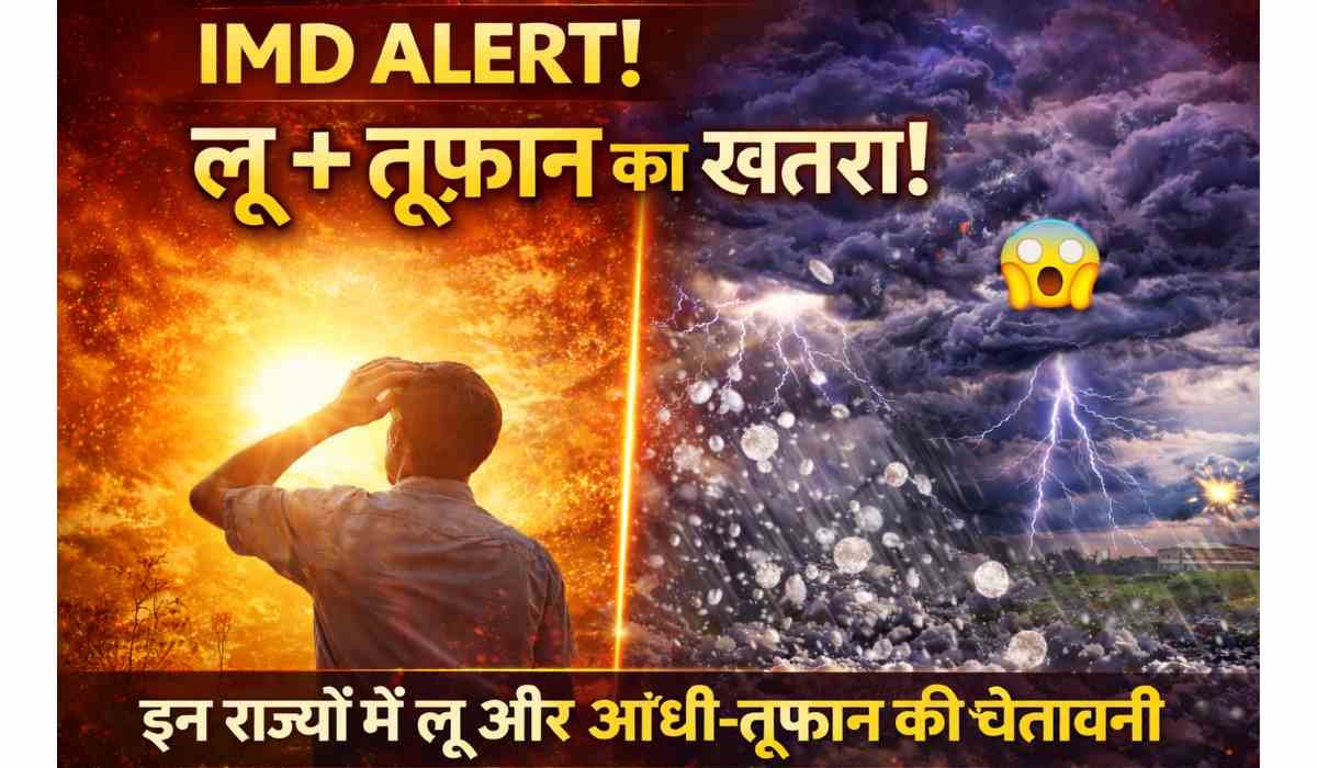 आज का मौसम अपडेट दिखाता दृश्य, जिसमें एक तरफ तेज गर्मी और दूसरी तरफ आंधी-तूफान और बारिश का असर दिखाई दे रहा है