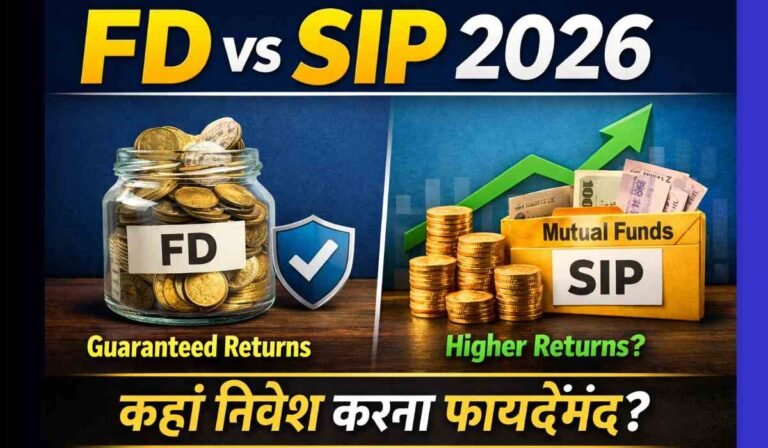 FD vs SIP 2026 में फिक्स्ड डिपॉजिट और SIP निवेश विकल्पों की तुलना दिखाता हुआ चित्र