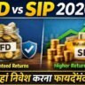 FD vs SIP 2026 में फिक्स्ड डिपॉजिट और SIP निवेश विकल्पों की तुलना दिखाता हुआ चित्र