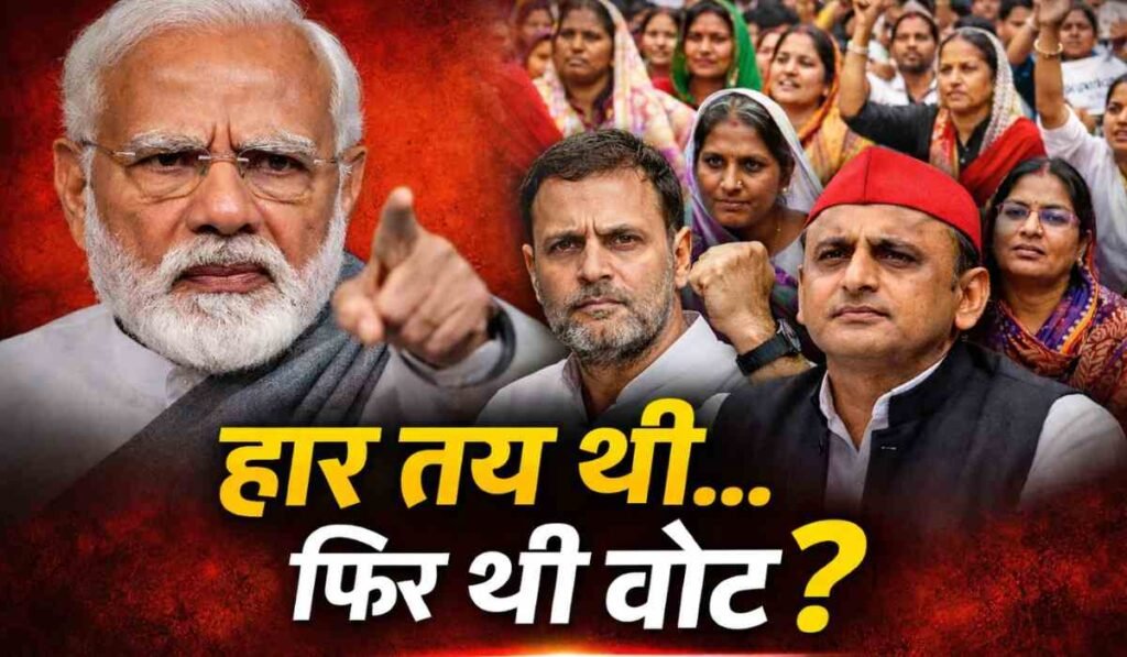 महिला आरक्षण बिल पर सियासी विवाद में Narendra Modi, Rahul Gandhi और Akhilesh Yadav के बीच राजनीतिक टकराव दर्शाता दृश्य
