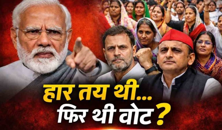 महिला आरक्षण बिल पर सियासी विवाद में Narendra Modi, Rahul Gandhi और Akhilesh Yadav के बीच राजनीतिक टकराव दर्शाता दृश्य