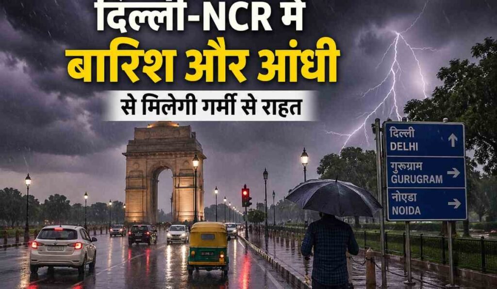 दिल्ली-NCR मौसम अपडेट: दिल्ली-NCR में तेज बारिश और आंधी के दौरान इंडिया गेट के पास सड़क पर चलते वाहन और आसमान में बिजली चमकती हुई