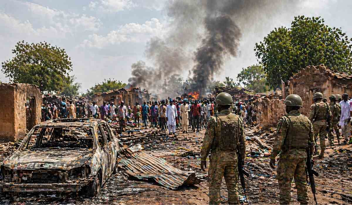 नाइजीरिया में आतंकी हमला के बाद जले हुए घर, सड़क पर मलबा और सुरक्षा बलों के बीच खड़े लोग