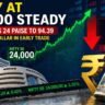 Nifty at 24,000 steady: शेयर बाजार स्क्रीन पर Nifty 24000 के आसपास स्थिर दिखता हुआ और रुपये में गिरावट का संकेत