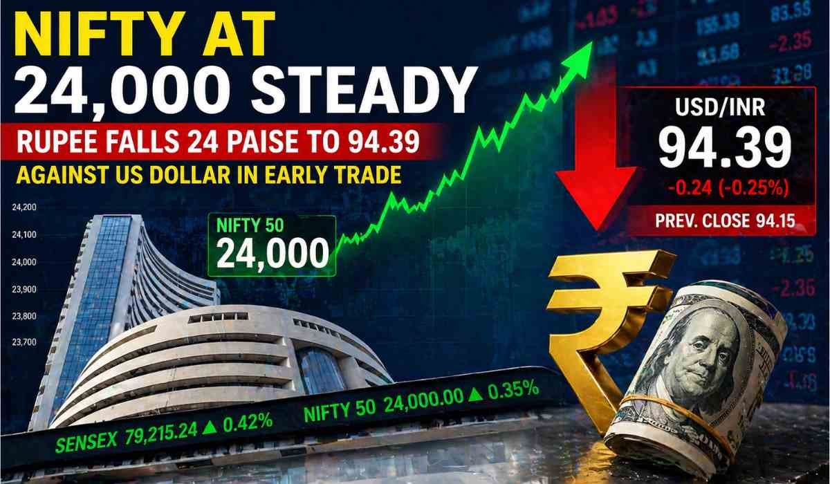 Nifty at 24,000 steady: शेयर बाजार स्क्रीन पर Nifty 24000 के आसपास स्थिर दिखता हुआ और रुपये में गिरावट का संकेत