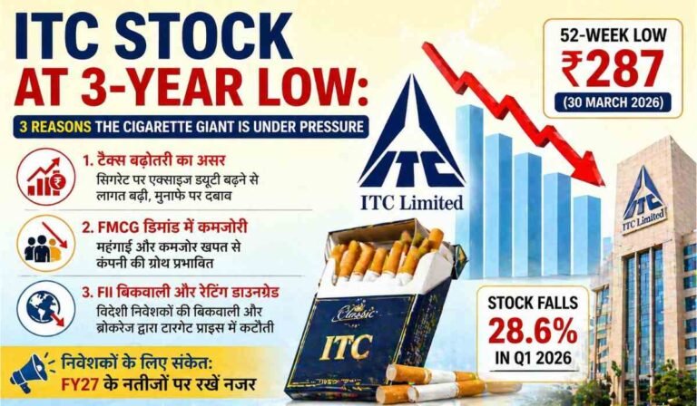 ITC Stock at 3-year low: ITC stock गिरावट के पीछे 3 बड़े कारण 10 ITC Stock at 3-Year Low:ITC stock 3 साल के निचले स्तर पर, गिरावट दिखाता ग्राफ और सिगरेट पैक के साथ शेयर मार्केट डेटा