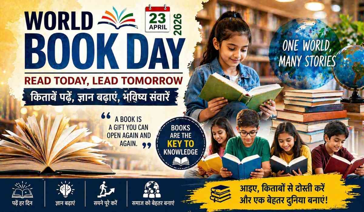 World Book Day 2026 पोस्टर, बच्चों को किताबें पढ़ते हुए और ज्ञान व शिक्षा का संदेश