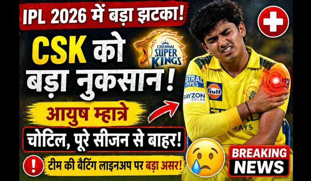 CSK Injury News: आयुष म्हात्रे चोटिल, IPL 2026 से बाहर, चेन्नई सुपर किंग्स को बड़ा झटका