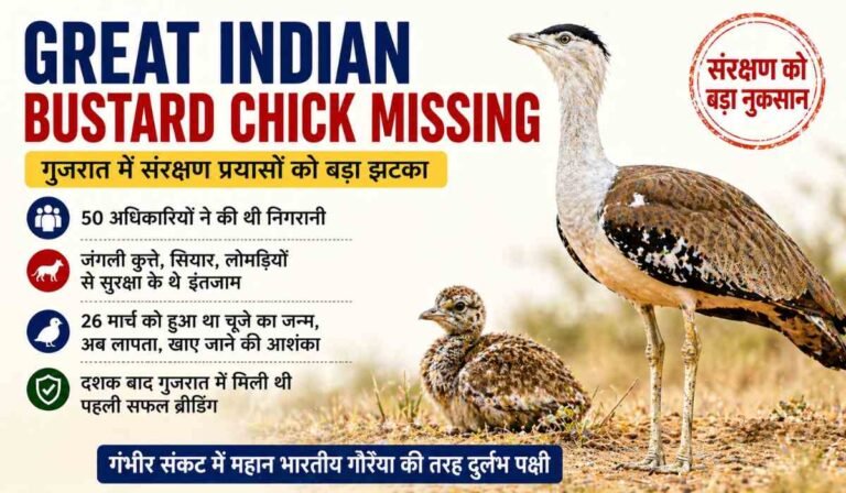 गुजरात में झटका: Great Indian Bustard chick missing, संरक्षण प्रयासों को बड़ा नुकसान 11 Great Indian Bustard chick missing के बीच गुजरात में बड़े पक्षी के साथ उसका चूजा दिखता हुआ दृश्य