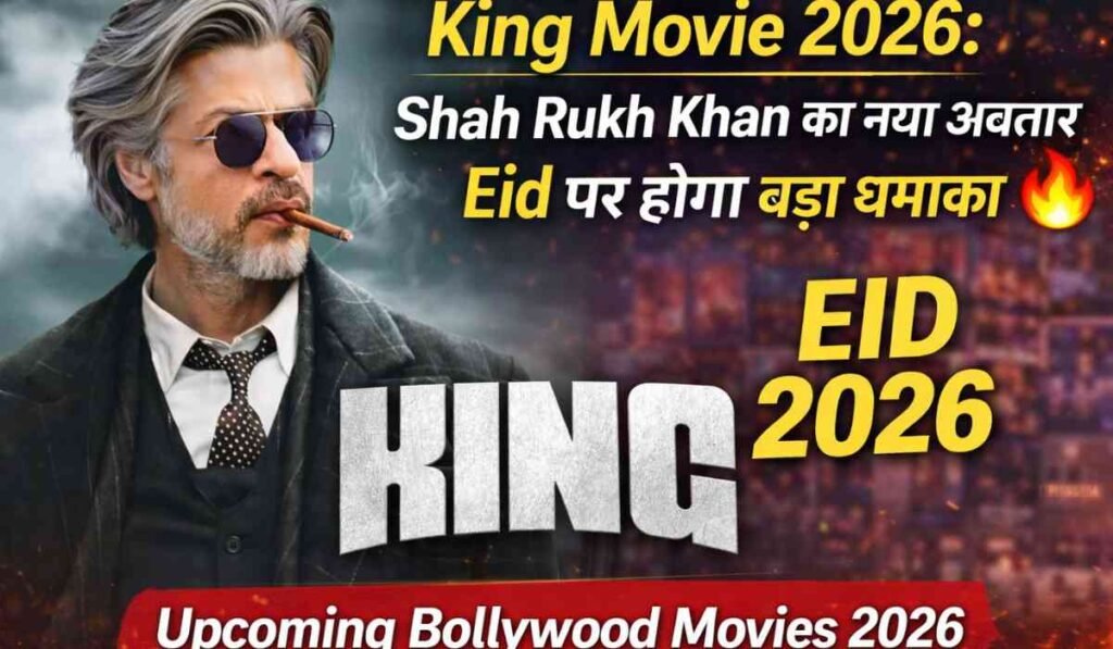 Upcoming Bollywood movies 2026 में King movie Shah Rukh Khan का दमदार action look पोस्टर, Eid 2026 रिलीज हिंदी फिल्म