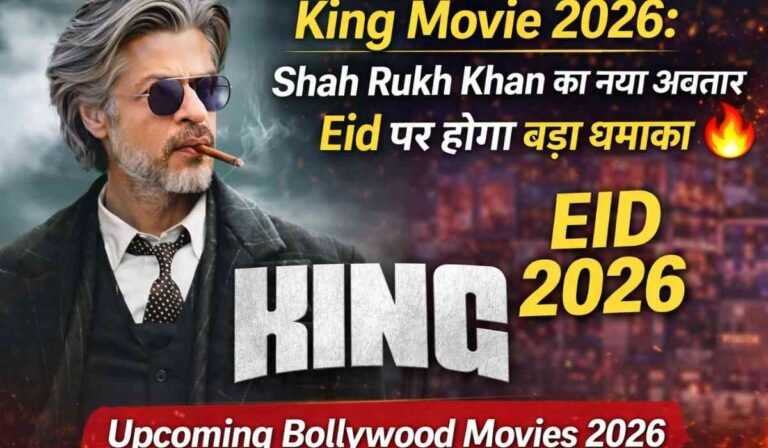 Upcoming Bollywood movies 2026 में King movie Shah Rukh Khan का दमदार action look पोस्टर, Eid 2026 रिलीज हिंदी फिल्म
