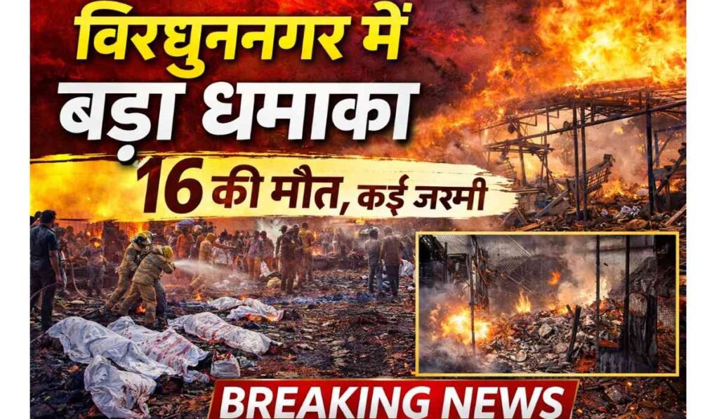 विरुधुनगर में बड़ा धमाका दर्शाता हुआ fireworks factory blast और rescue operation का दृश्य