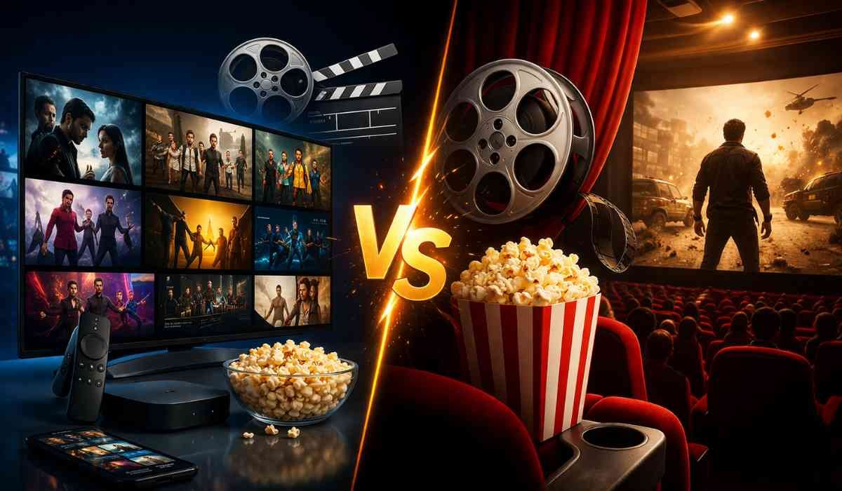 थिएटर और OTT एंटरटेनमेंट का कॉन्सेप्ट, फिल्म रील, पॉपकॉर्न और डिजिटल स्ट्रीमिंग स्क्रीन दिखाता सीन