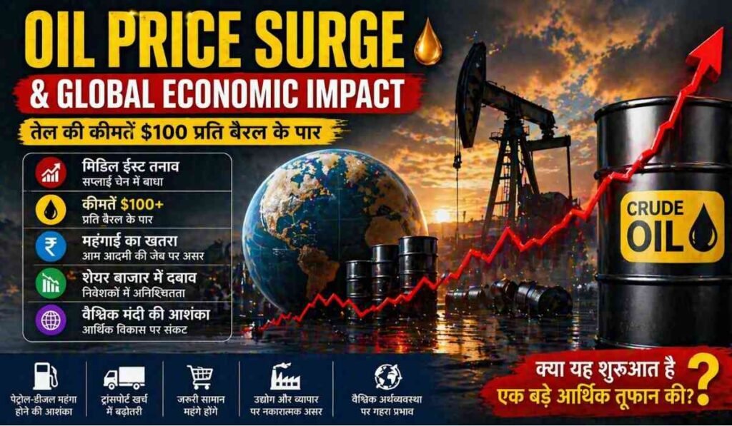 तेल की कीमतों में उछाल दिखाता ग्राफ और क्रूड ऑयल बैरल के साथ वैश्विक अर्थव्यवस्था पर असर का इन्फोग्राफिक