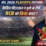 Kevin Pietersen IPL 2026 playoffs prediction graphic showing Mumbai Indians, Delhi Capitals, Rajasthan Royals and Punjab Kings with RCB excluded