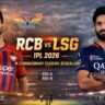 RCB vs LSG IPL 2026 match graphic showing two players with Bengaluru weather 30°C, no rain update and Chinnaswamy Stadium pitch report
