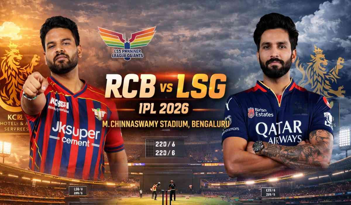 RCB vs LSG IPL 2026: बेंगलुरु मौसम रिपोर्ट, चिन्नास्वामी पिच रिपोर्ट और आज मैच में बारिश का अपडेट 11 RCB vs LSG IPL 2026 match graphic showing two players with Bengaluru weather 30°C, no rain update and Chinnaswamy Stadium pitch report
