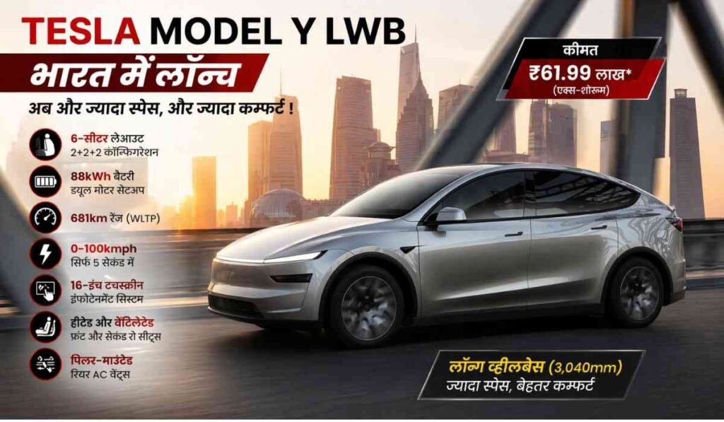 Tesla Model Y LWB इलेक्ट्रिक SUV भारत में लॉन्च, 6-सीटर लेआउट, 681km रेंज और प्रीमियम फीचर्स के साथ ब्रिज पर चलती हुई
