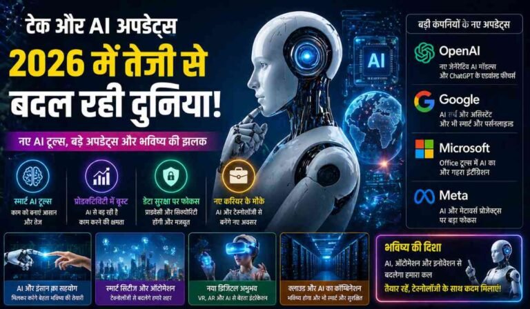 AI Technology 2026: तेजी से बदल रही दुनिया, ChatGPT से लेकर Google तक बड़े अपडेट्स | Future Tech Explained 8 2026 में तेजी से बदलती AI तकनीक, रोबोट और डिजिटल इनोवेशन दिखाता हाई-टेक इन्फोग्राफिक
