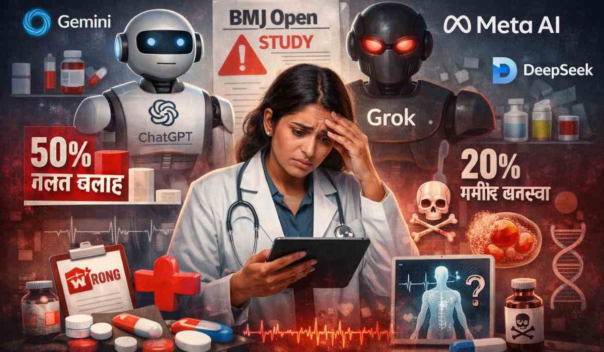 AI chatbots like ChatGPT, Gemini and Grok giving incorrect medical advice as shown in BMJ Open study with worried doctor analyzing data