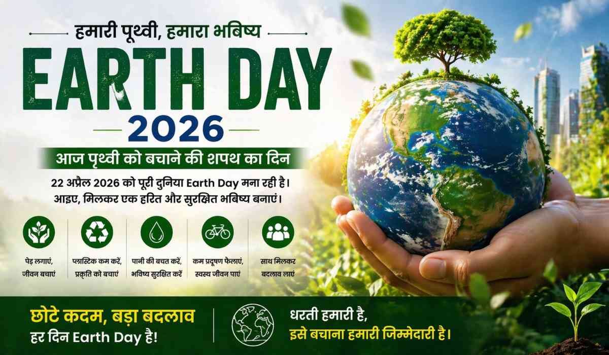 Earth Day 2026 पोस्टर जिसमें हाथों में धरती और पेड़ के साथ पर्यावरण संरक्षण का संदेश दिखाया गया है