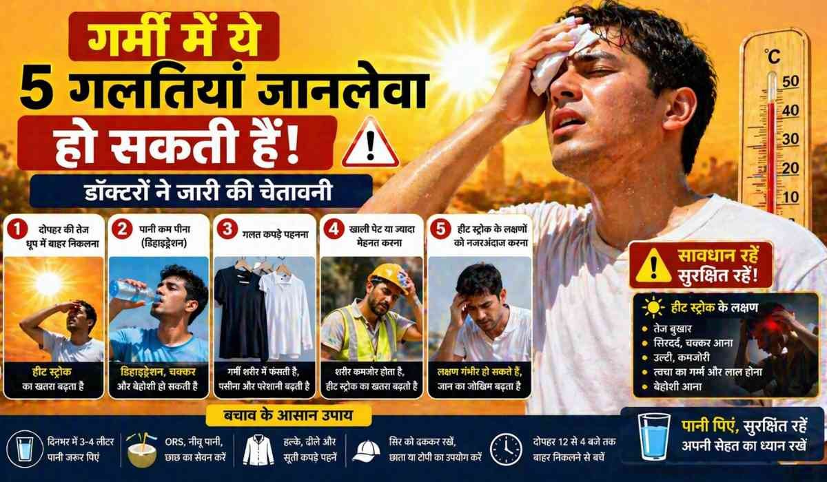 गर्मी में हीटवेव के दौरान 5 खतरनाक गलतियां और बचाव के उपाय दिखाता हेल्थ इन्फोग्राफिक