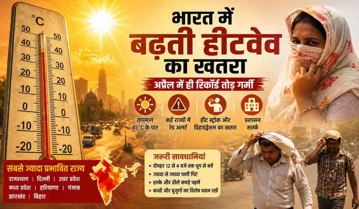 भारत में बढ़ती हीटवेव का खतरा, 45°C तापमान के साथ लोगों पर गर्मी का असर दिखाता इन्फोग्राफिक