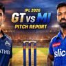 GT vs MI Pitch Report IPL 2026 match poster featuring Shubman Gill and Hardik Pandya at Narendra Modi Stadium Ahmedabad