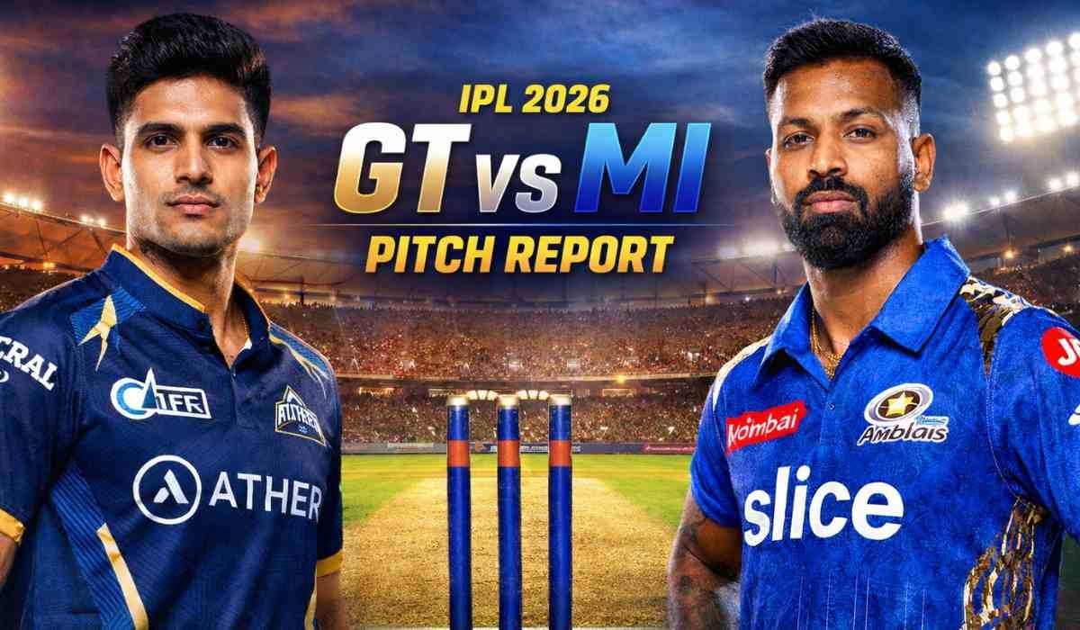 GT vs MI Pitch Report IPL 2026 match poster featuring Shubman Gill and Hardik Pandya at Narendra Modi Stadium Ahmedabad