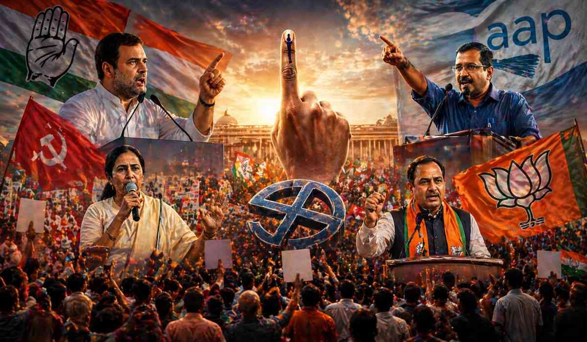 भारत में चुनावी माहौल के दौरान राजनीतिक रैली, भीड़ और वोटिंग का प्रतीक दिखाता हाई-एनर्जी सीन