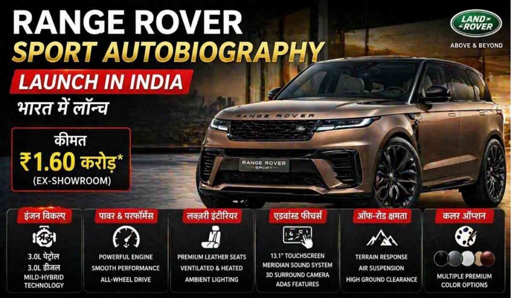 Range Rover Sport Autobiography भारत में लॉन्च, लग्जरी SUV का फ्रंट व्यू और ₹1.60 करोड़ कीमत दिखाता प्रमोशनल ग्राफिक