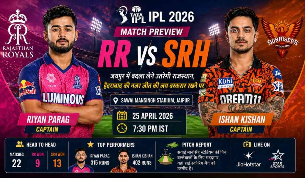 RR vs SRH IPL 2026 match preview image showing Rajasthan Royals vs Sunrisers Hyderabad players at Sawai Mansingh Stadium Jaipur