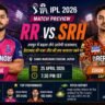 RR vs SRH IPL 2026 match preview image showing Rajasthan Royals vs Sunrisers Hyderabad players at Sawai Mansingh Stadium Jaipur