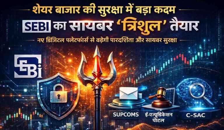 SEBI के नए साइबर सिक्योरिटी प्लेटफॉर्म्स को दर्शाती डिजिटल इमेज, जिसमें त्रिशूल, स्टॉक मार्केट ग्राफ और SUPCOMS, E-Adjudication Portal, C-SAC दिखाए गए हैं