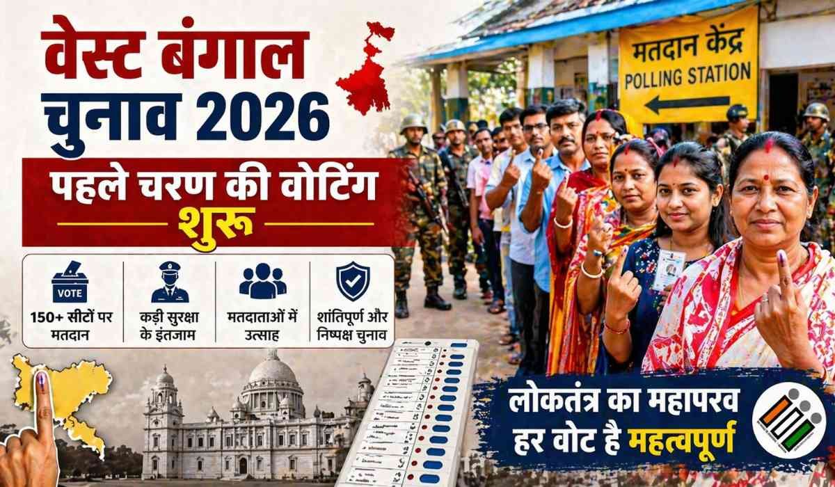 पश्चिम बंगाल चुनाव 2026 पहले चरण की वोटिंग, मतदान केंद्र पर कतार में खड़े मतदाता और सुरक्षा व्यवस्था