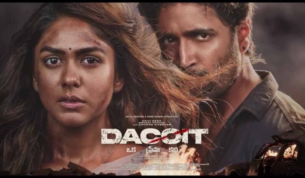 Dacoit movie box office collection day 2 poster showing Adivi Sesh and Mrunal Thakur with action background and 13 crore earnings headline