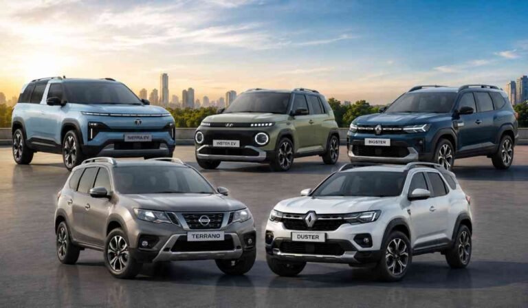 Under ₹15 Lakh Upcoming Cars 2026 में भारत में लॉन्च होने वाली नई बजट SUVs और EV कारें जैसे Tata Sierra EV, Renault Duster और Hyundai Inster EV दिखाई गई हैं।