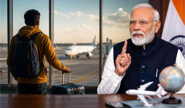 Traveler at airport with luggage as PM Modi’s appeal impacts foreign travel bookings in India.